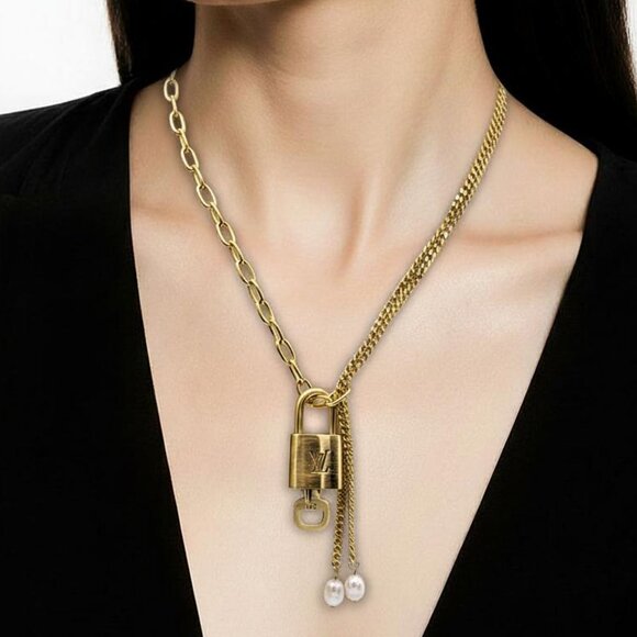 Stainless Steel Gold-Plated Necklace with Authentic Louis Vuitton Padlock